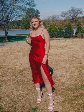 Lovely Day Red Satin Maxi Slip Dress with Side Slit